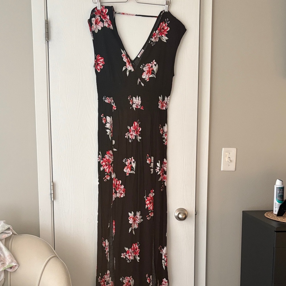 Xhilaration Black Maxi Dress with Red Floral Design